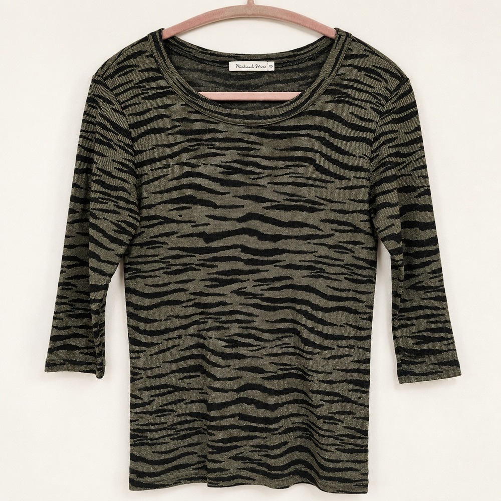 Michael Stars Top OS Olive Green Tiger Stripe Metallic 3/4 Sleeve Animal Print